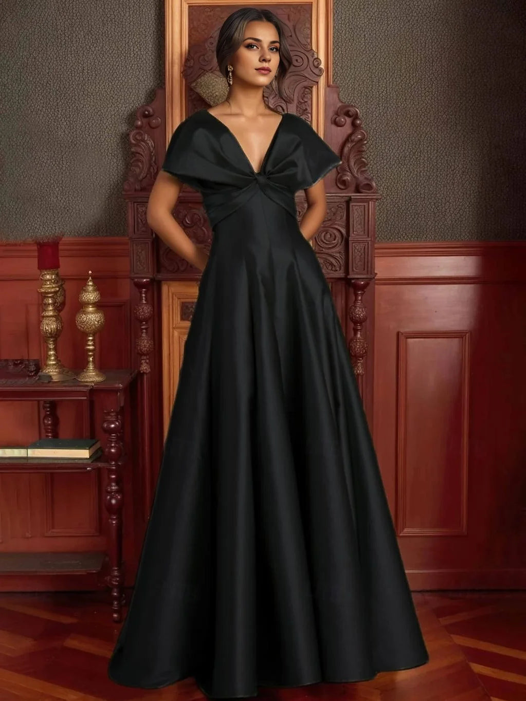 Black satin V-neck A-line prom dress with short sleeves and bow-tied waist