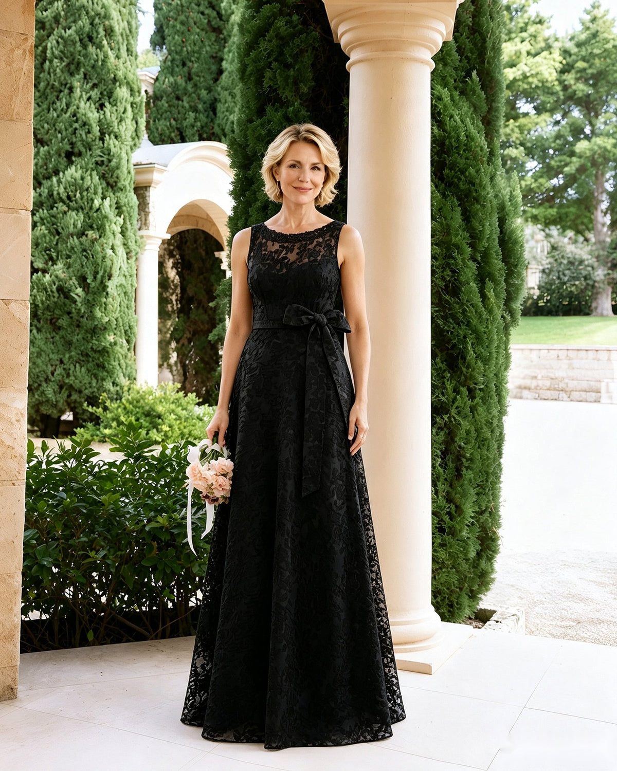 Sleeveless lace A-line mother-of-the-bride dress in black with waist sash and bow
