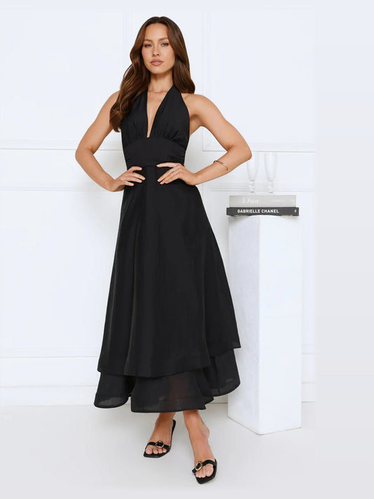 Black halter A-line maxi formal dress, sleeveless fitted top and flowing tiered hem