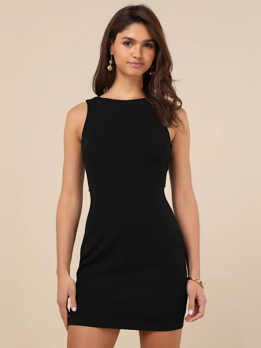 Black sleeveless bodycon mini dress with high round neck and fitted shape