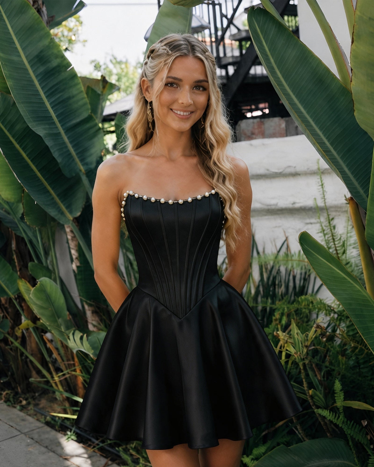 Strapless satin corset homecoming dress, black with pearl-trim neckline and flared skirt