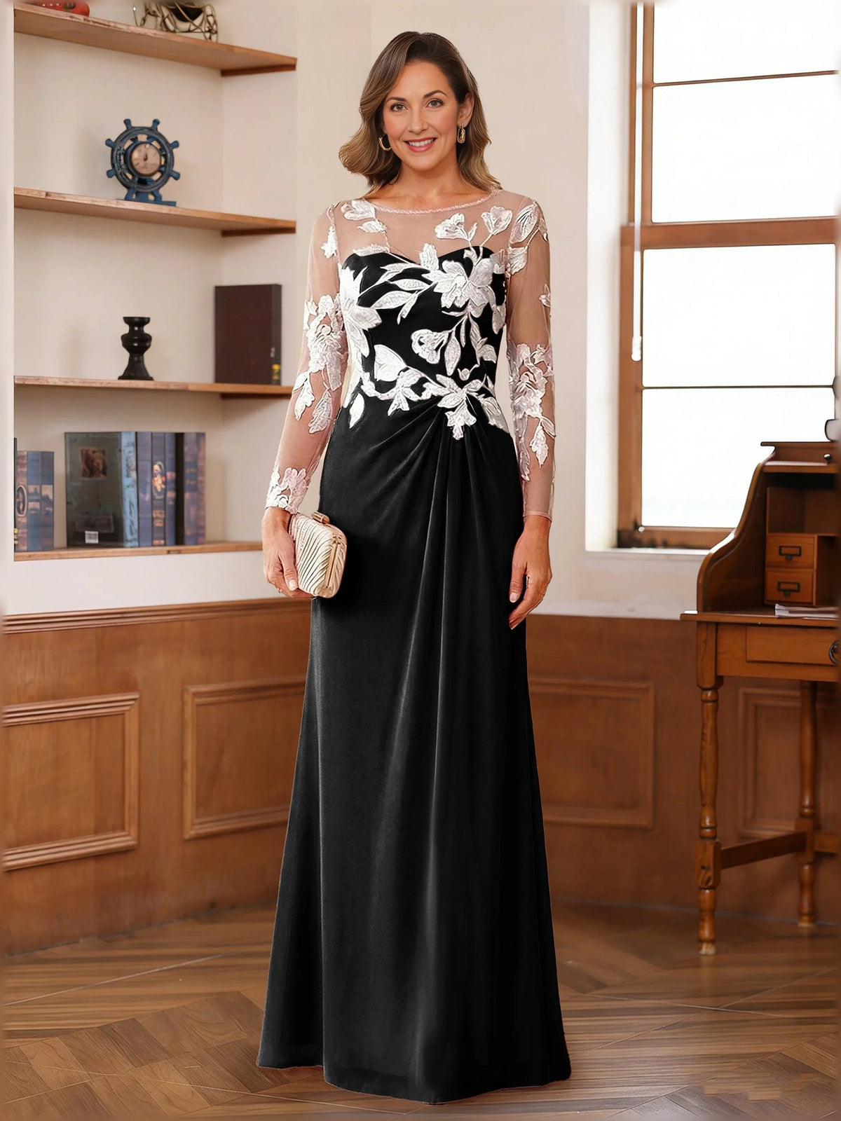 Black floral long-sleeve chiffon A-line floor-length dress with lace bodice