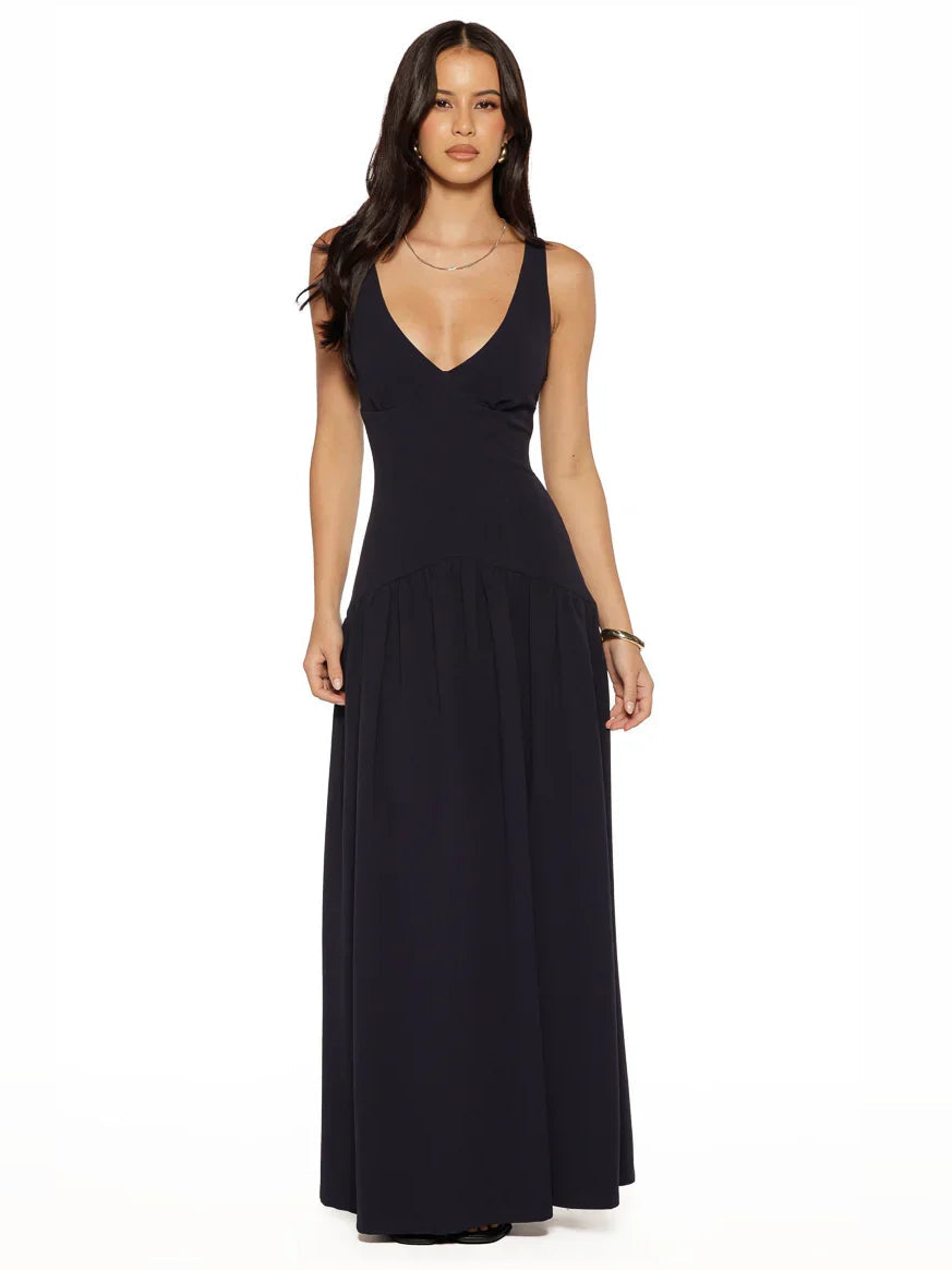 Black V-neck sleeveless floor-length formal dress with tiered A-line skirt