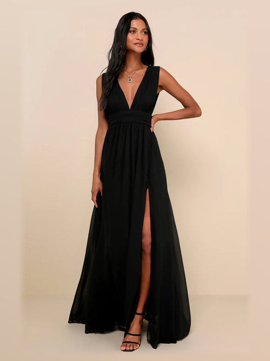 Black sleeveless V-neck maxi A-line dress with front slit