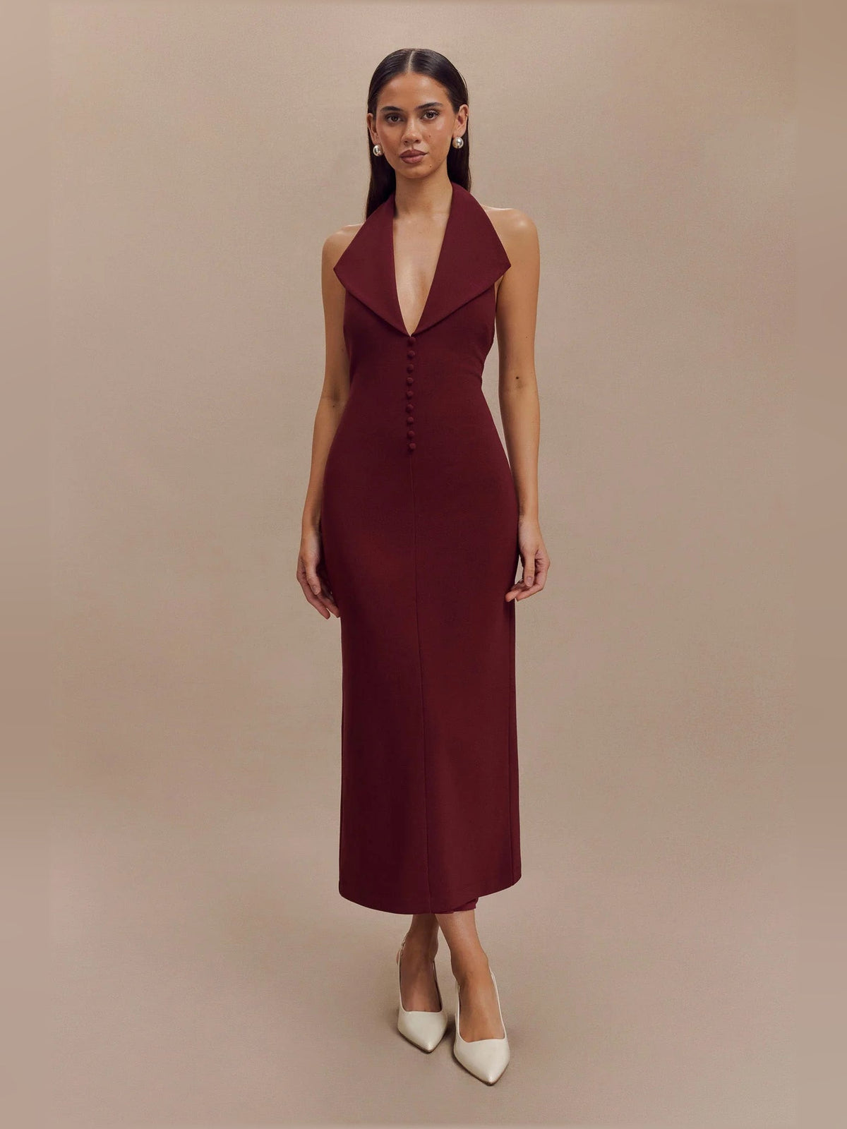 Merlot crepe halter midi dress with sleeveless halter straps and V neckline