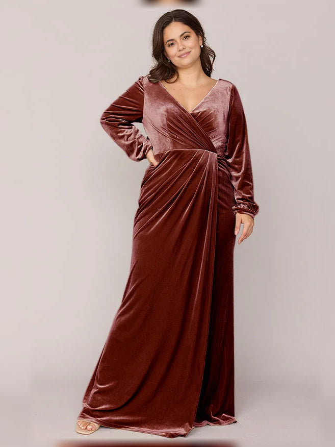 Burgundy velvet wrap V-neck floor-length dress with long sleeves and front slit