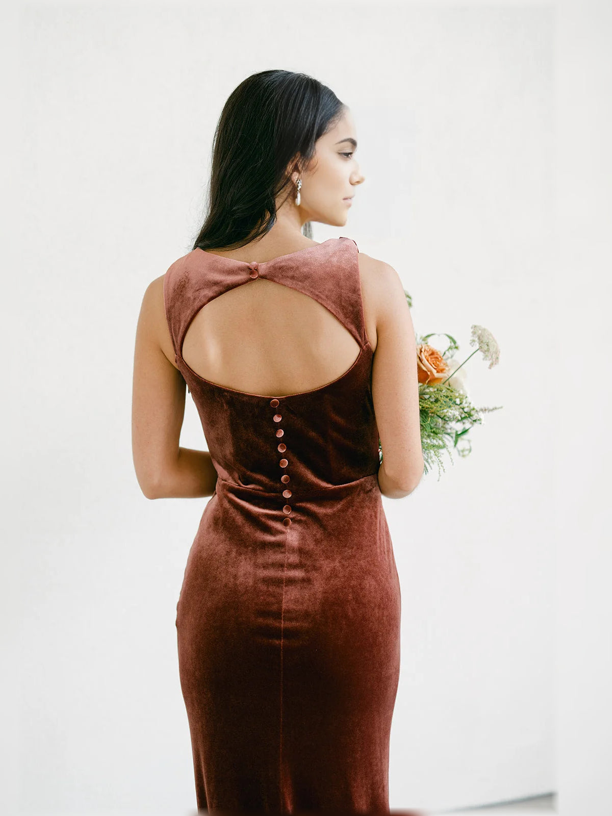 Terracotta velvet mermaid bridesmaid dress, open back with buttons and back drape