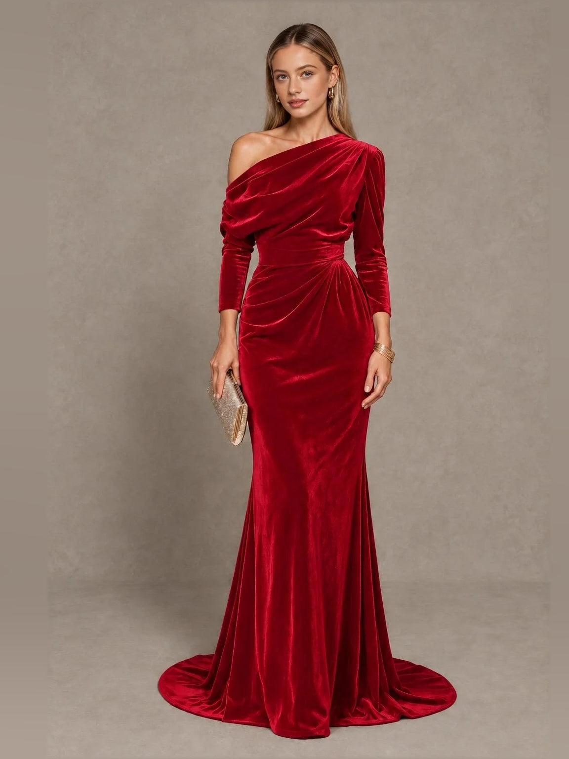 Burgundy velvet one-shoulder mermaid gown with draped bodice and long sleeves
