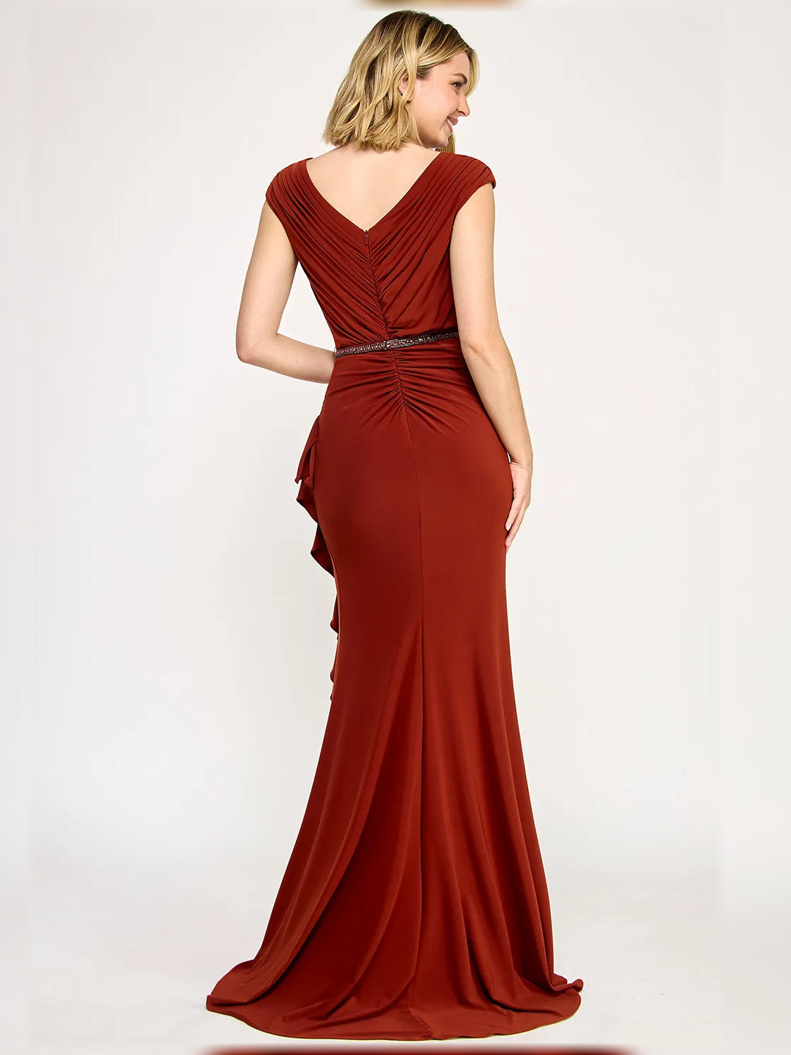 Floor-length V-neck ruching dress, burgundy with back ruching and long ruffle hem