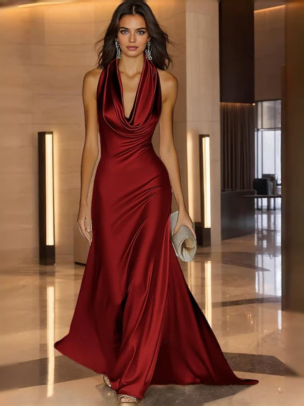 Burgundy satin draped halter prom dress, floor-length A-line with cowl neckline