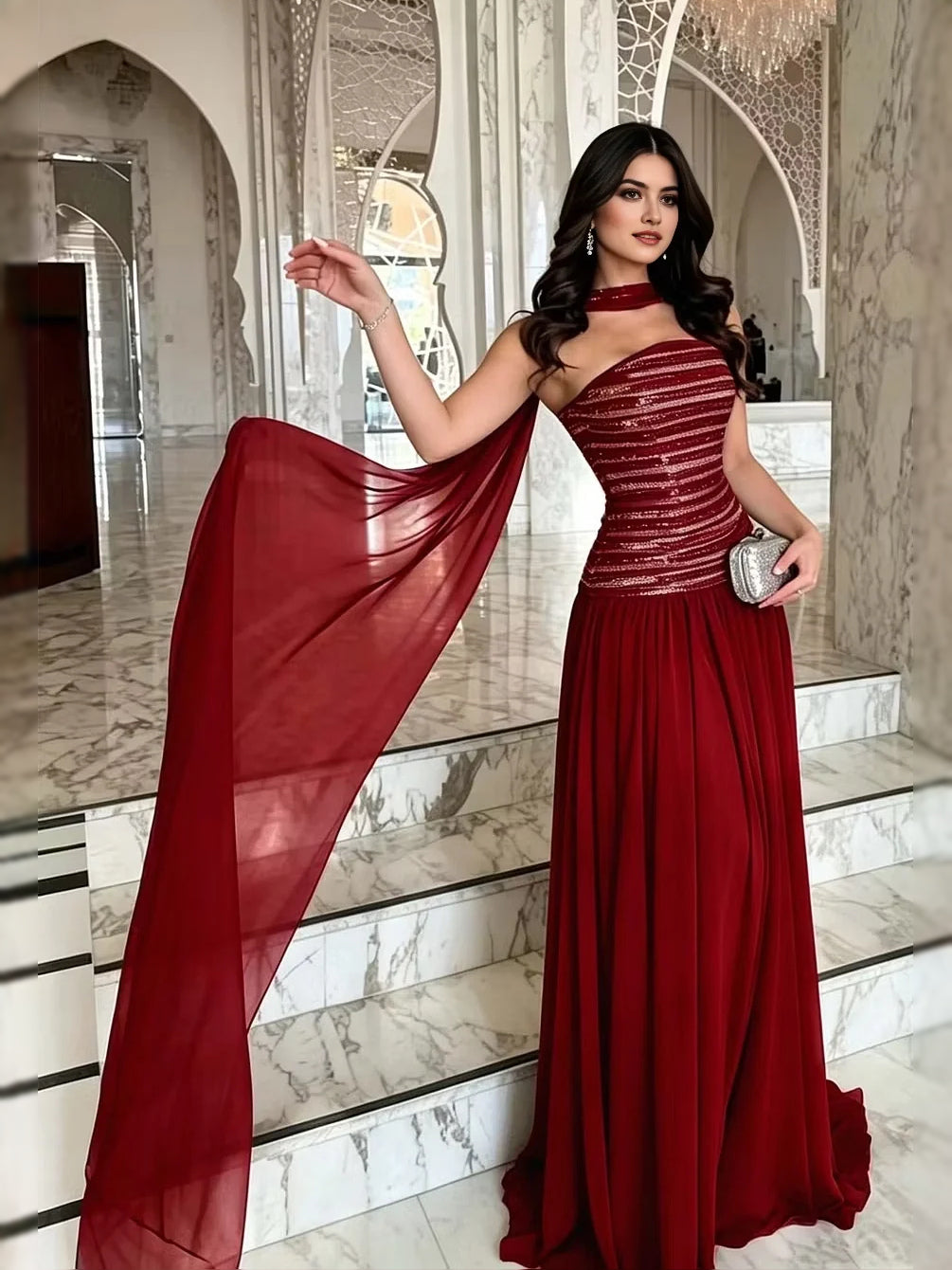 One-shoulder A-line prom dress in deep red with sequined bodice and side drape