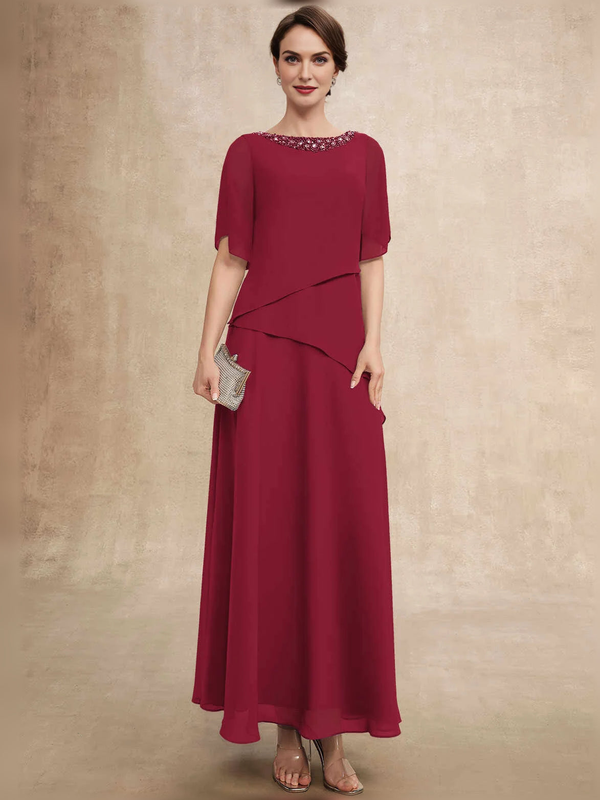 Burgundy layered beaded boat-neck A-line chiffon dress, short sleeves, floor length