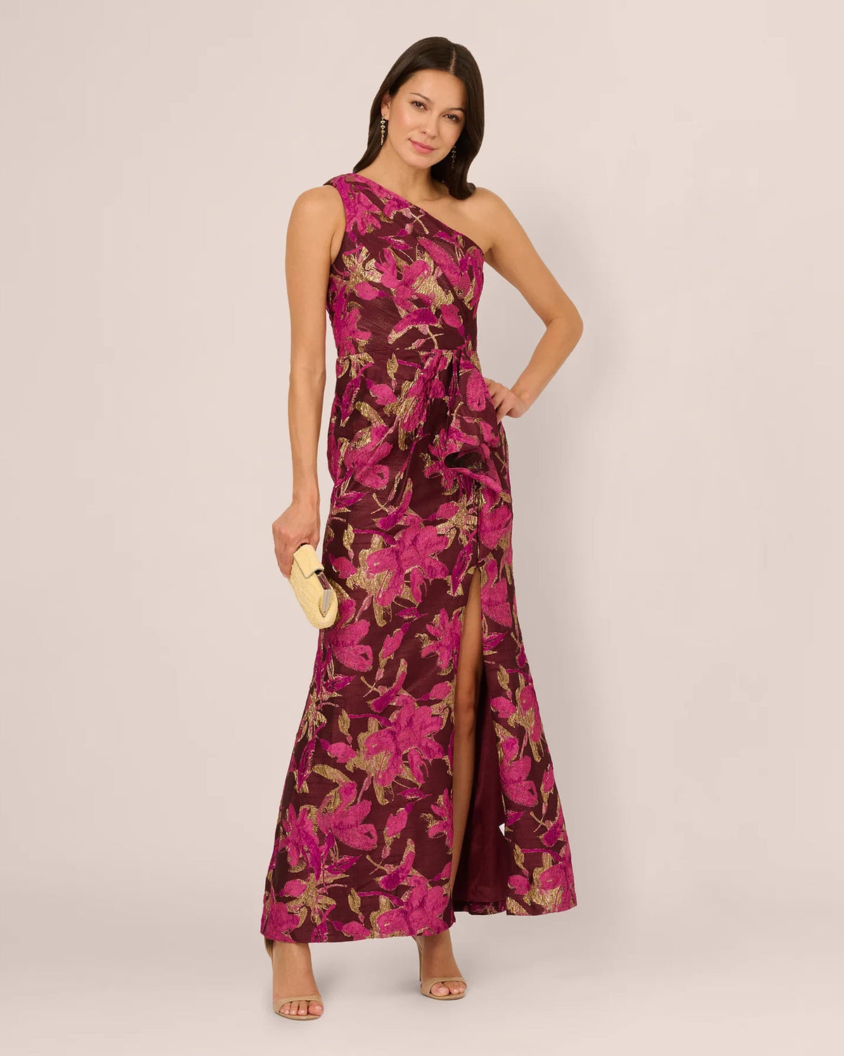 One-shoulder A-line maxi dress with burgundy and gold botanical print, front slit