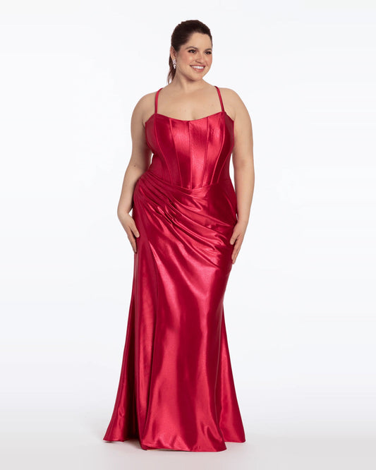 Burgundy trumpet maxi evening dress with corset bodice, ruched waist, and side slit