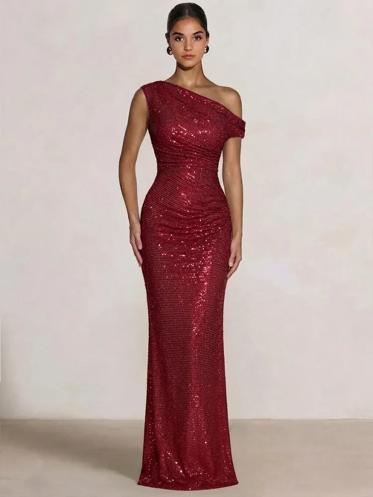 Burgundy one-shoulder sequin mermaid gown with ruching, full front view, floor length.