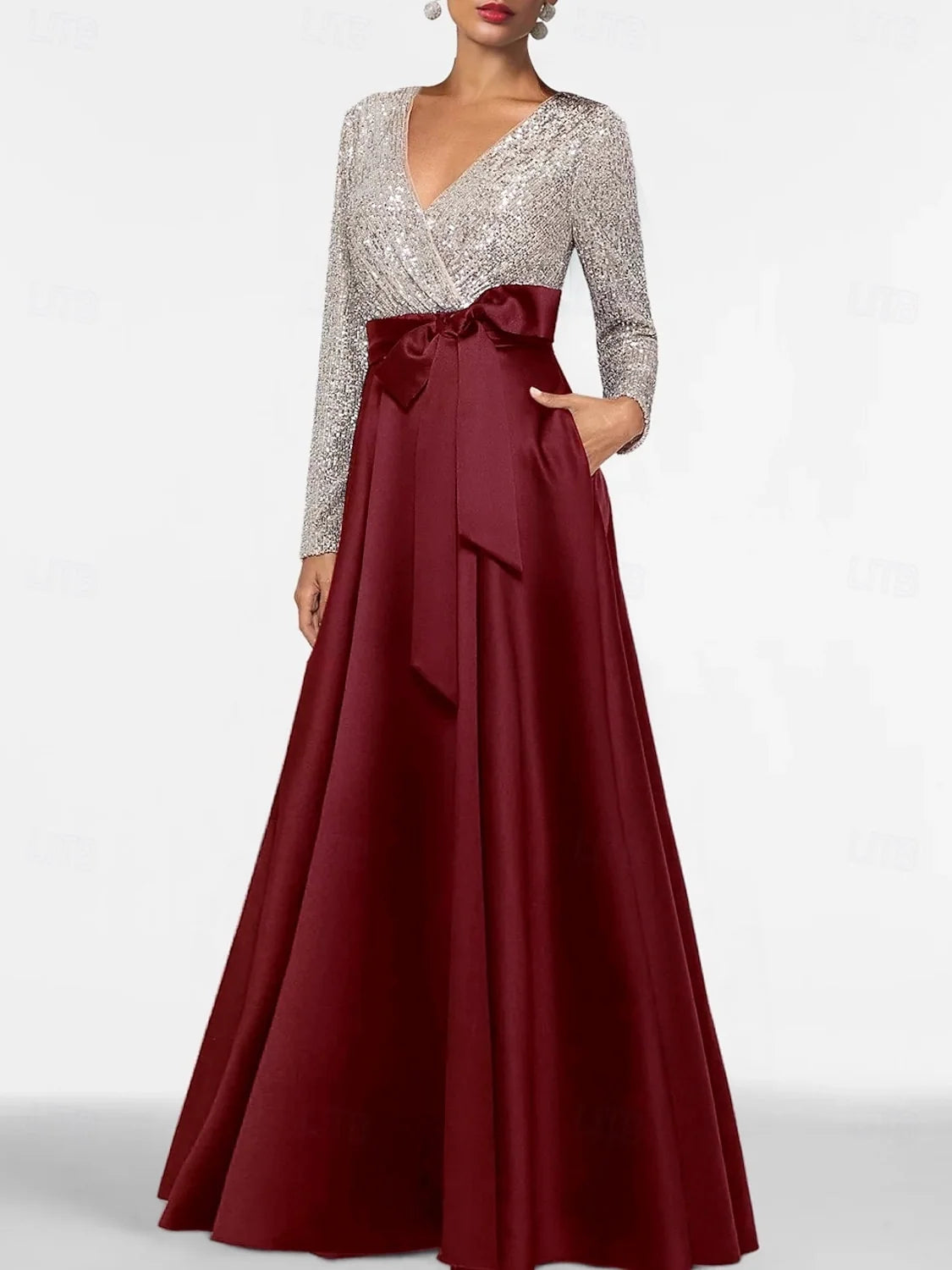 Silver sequin V-neck A-line floor-length dress with burgundy satin waist bow and long sleeves