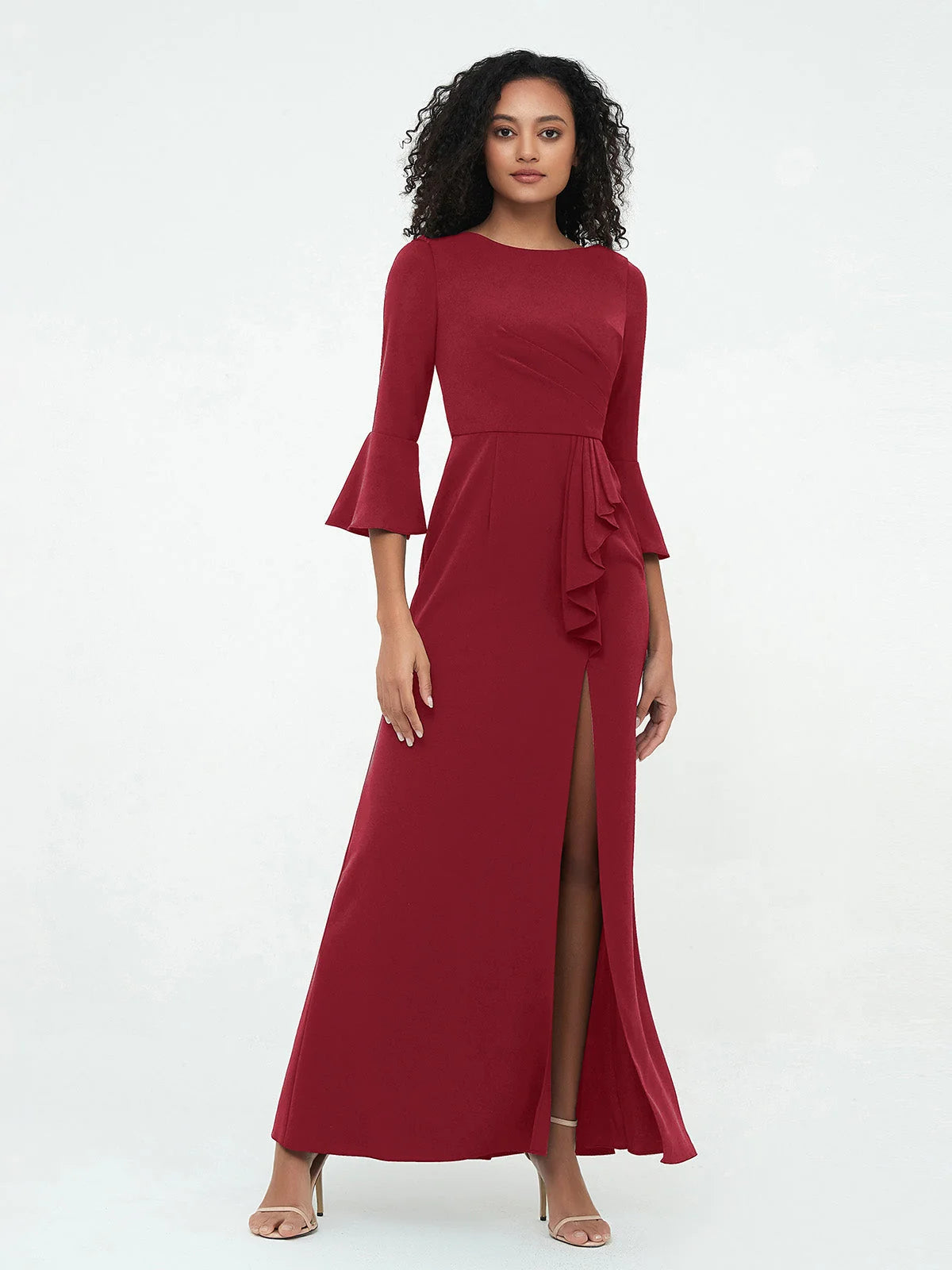 Burgundy floor-length formal dress with bell sleeves, waist ruffle trim and front slit