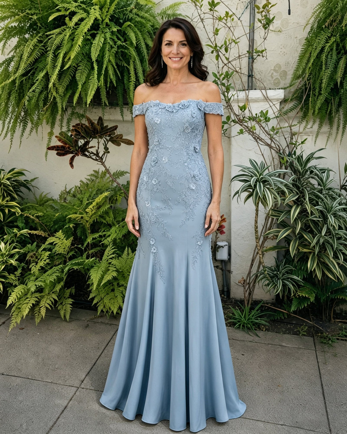 Powder blue off-shoulder lace mermaid mother of the bride dress with scalloped neckline