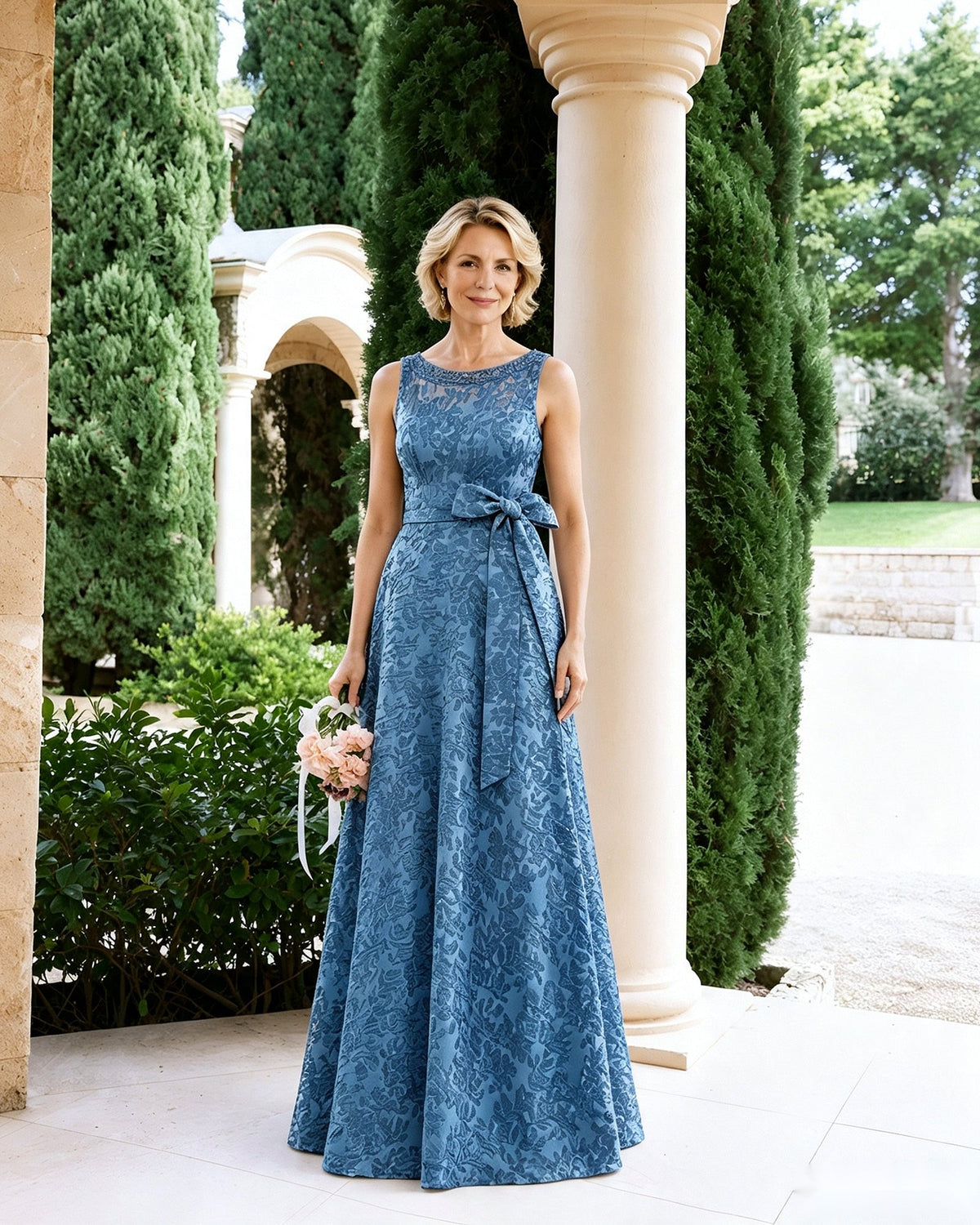 Sleeveless lace A-line mother-of-the-bride dress in blue with waist sash and bow