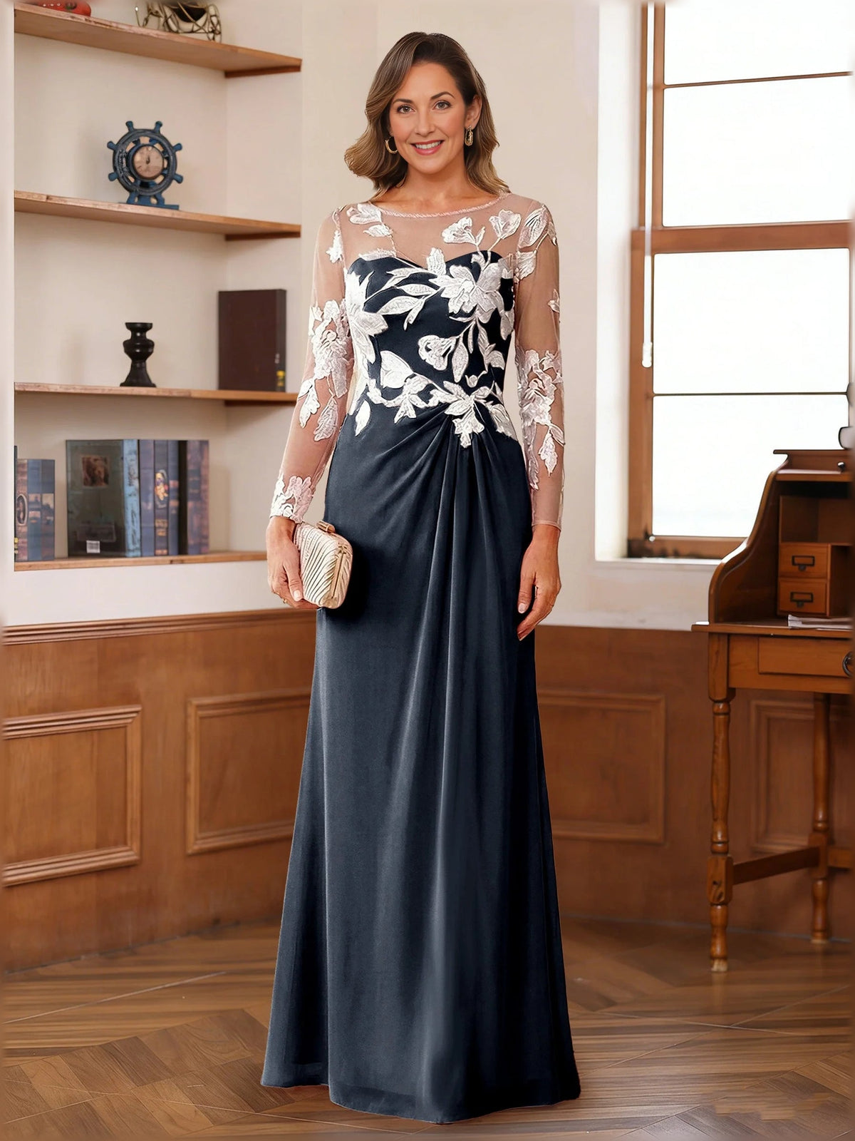 Dark floral long-sleeve chiffon A-line floor-length dress with lace back detail