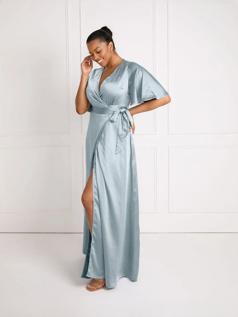 Dusty blue satin wrap dress with V-neck, short sleeves, tie waist, high slit