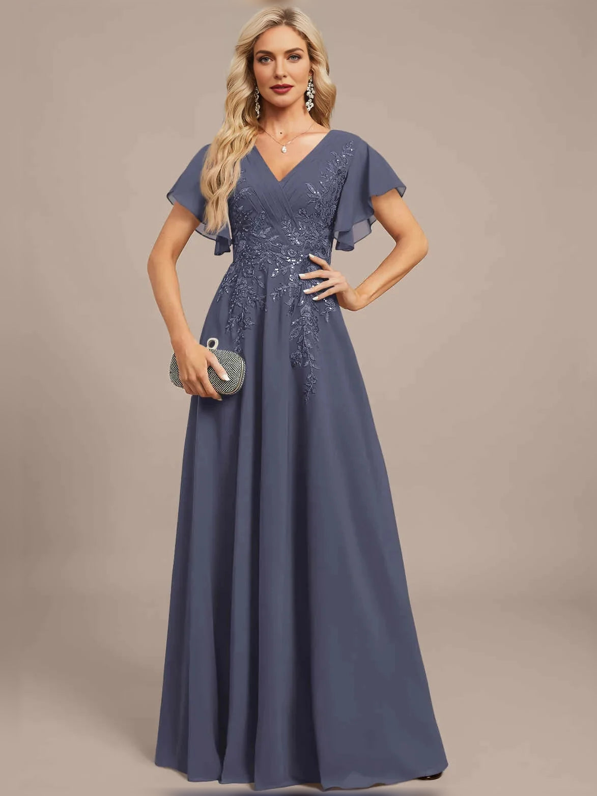 Steel blue V-neck A-line maxi dress, front view, with floral embroidery and flutter sleeves.