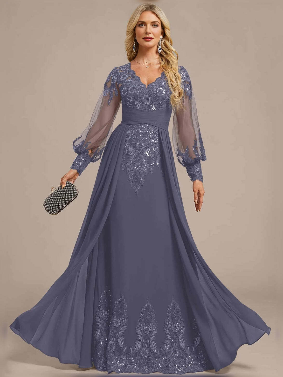 Floor-length dusty blue V-neck A-line dress with ruched bodice and sequined lace sleeves