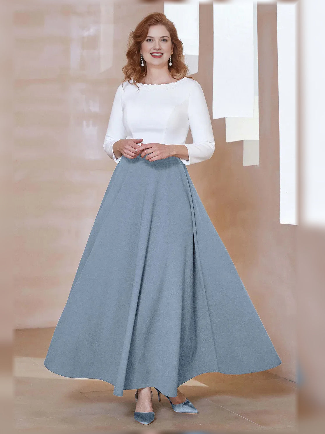 Dusty blue A-line floor-length crepe dress with boat neckline and long sleeves