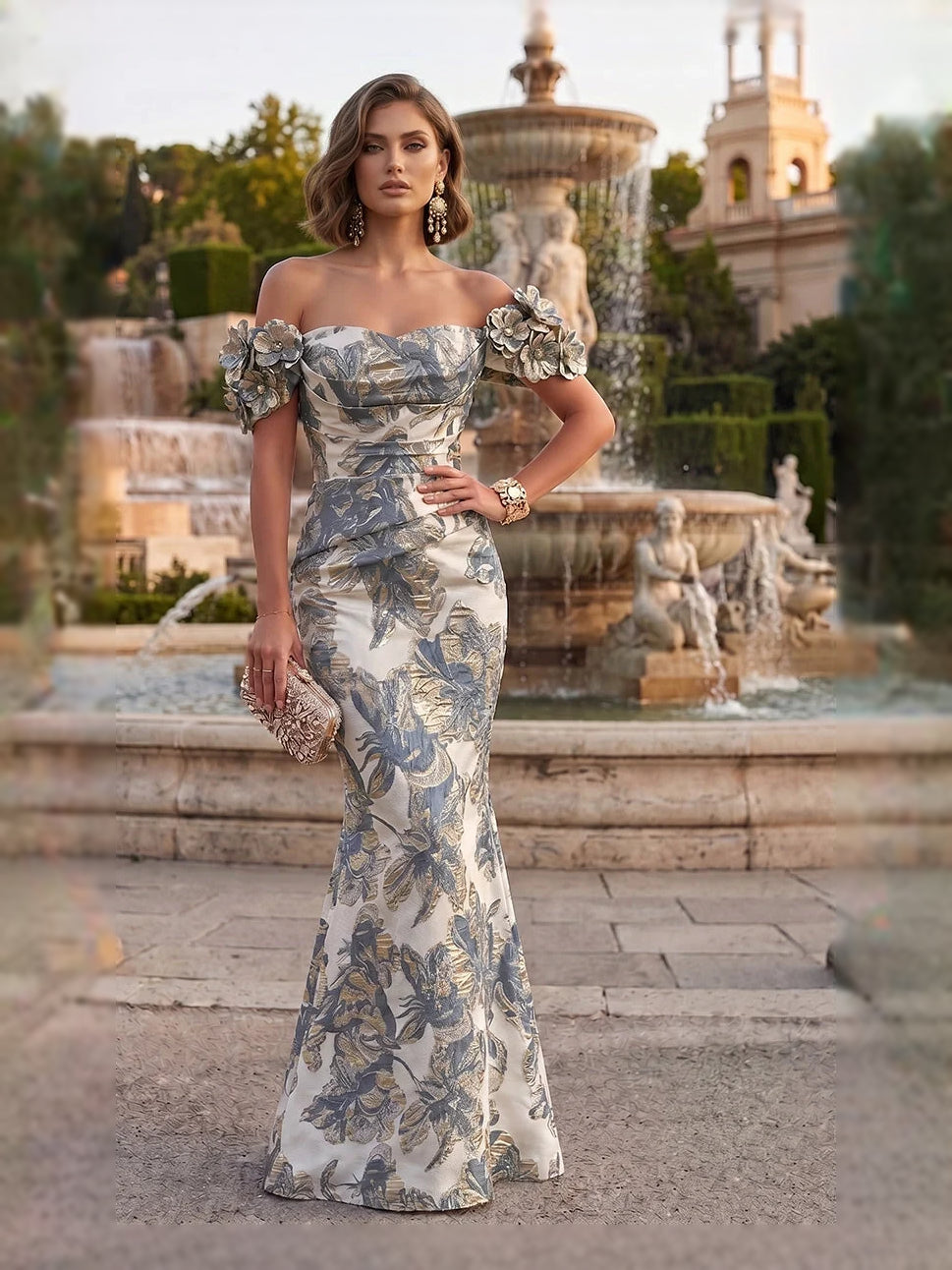 Light blue floral off-shoulder mermaid mother-of-the-bride dress with applique