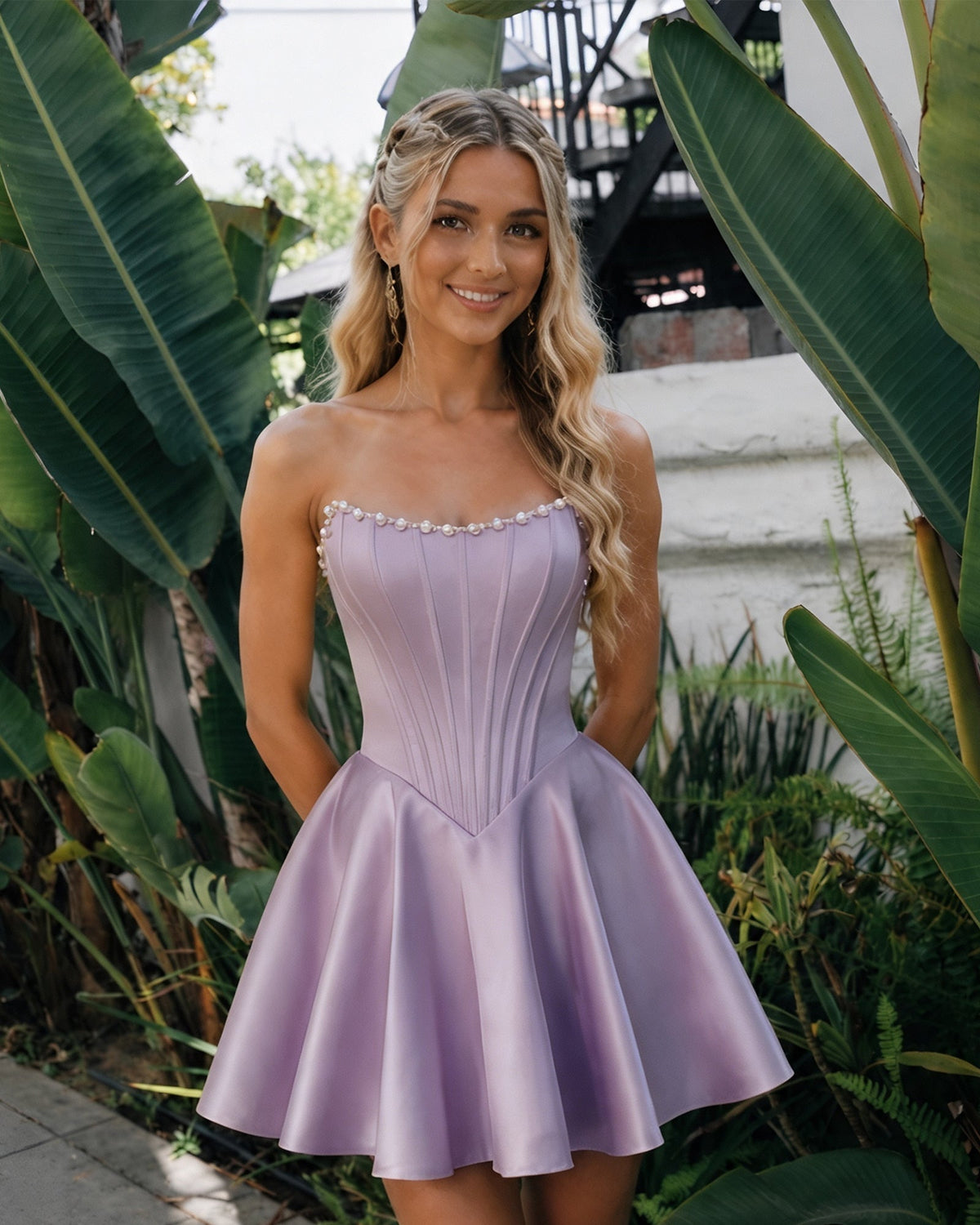 Strapless satin corset homecoming dress, lavender with pearl-trim neckline and flared skirt
