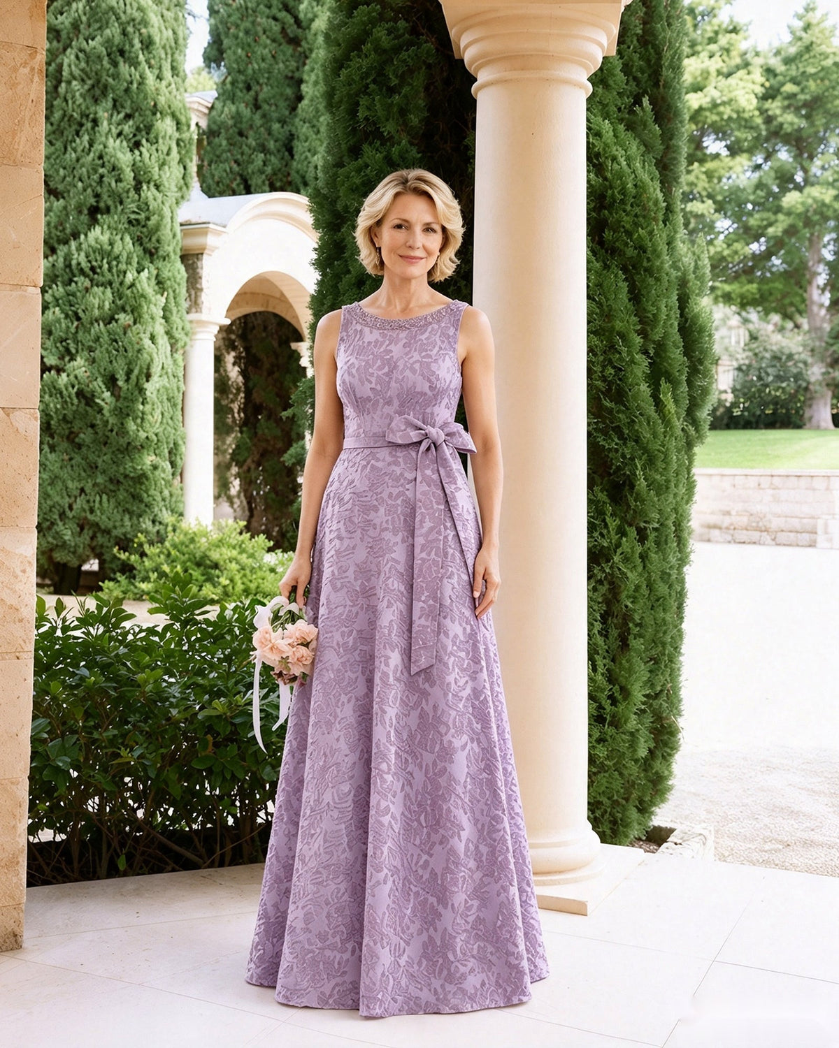 Sleeveless lace A-line mother-of-the-bride dress in lavender with waist sash and bow