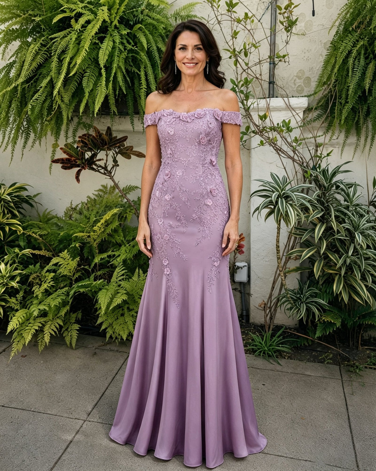 Dusty purple off-shoulder lace mermaid mother of the bride dress with scalloped neckline