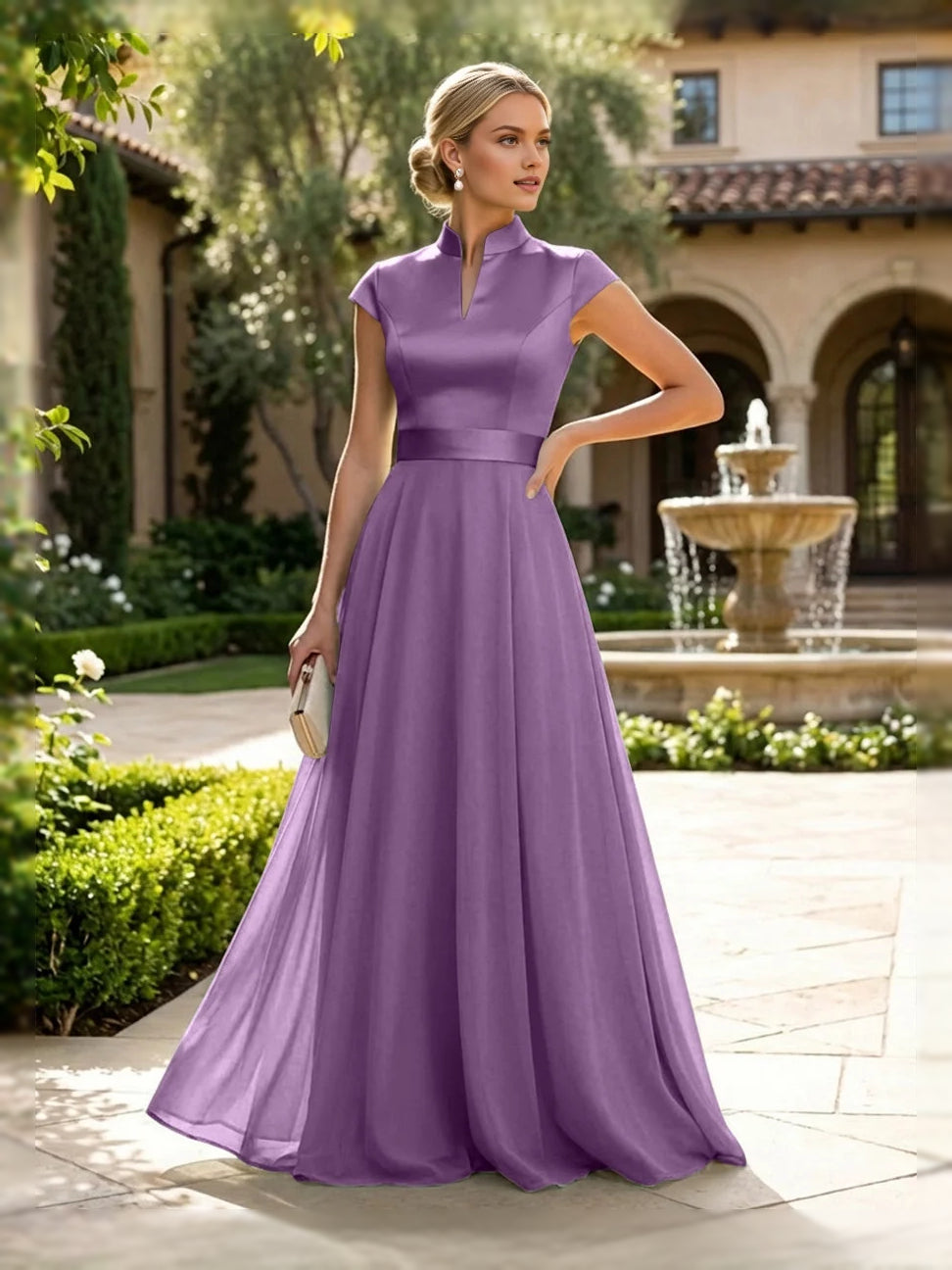 Orchid satin A-line dress with sleeveless high neck and floor length