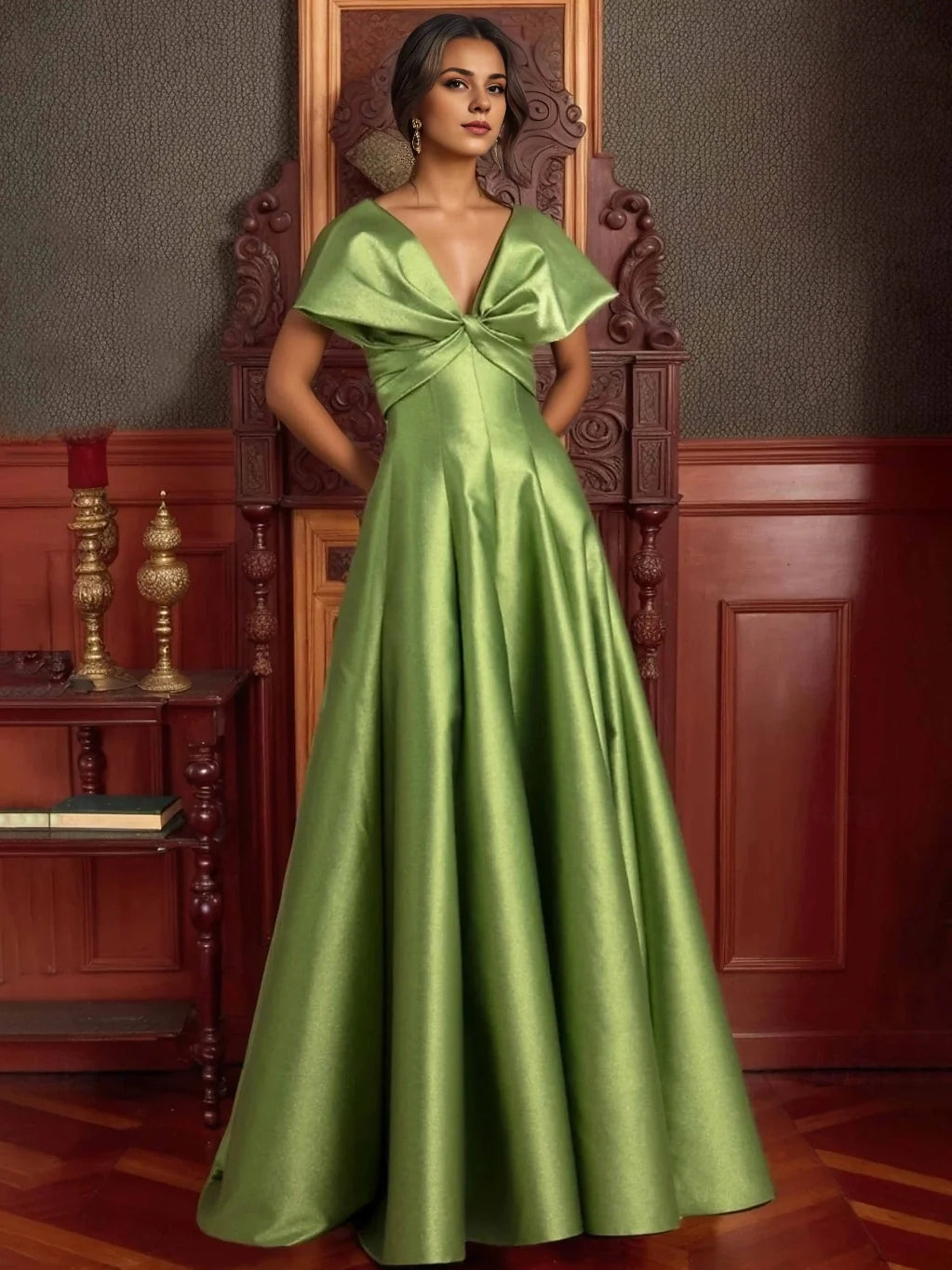 Light green satin V-neck A-line prom dress with waist bow and full skirt