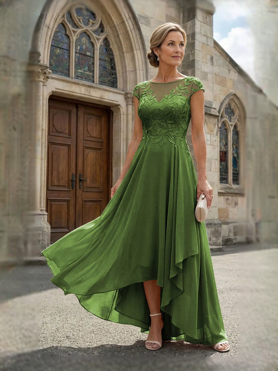 Green embroidered v-neck chiffon mother-of-bride dress with pleated high-low skirt