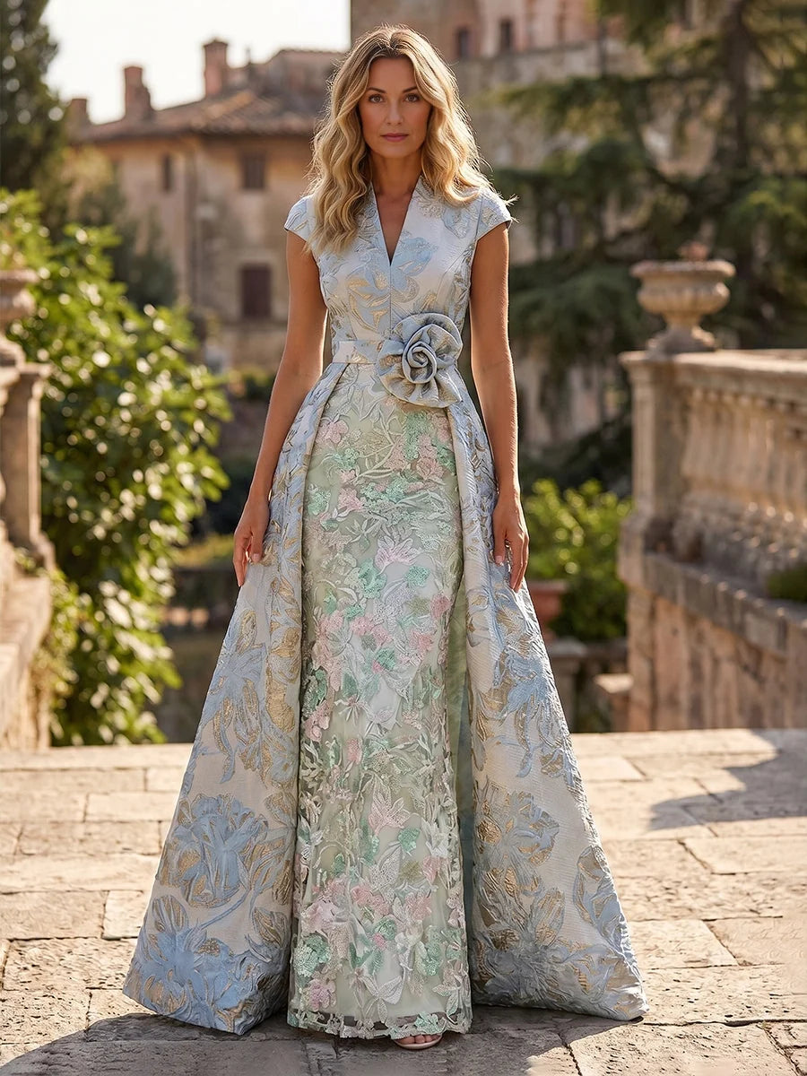Floral embroidered V-neck A-line floor-length dress in light green, front view