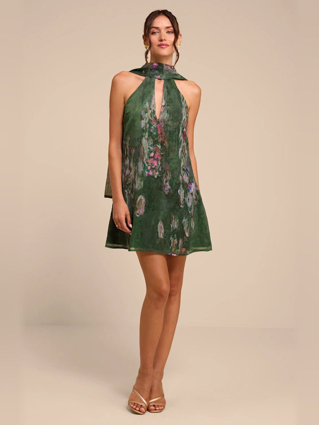Green floral high-neck A-line mini homecoming dress, sleeveless halter silhouette