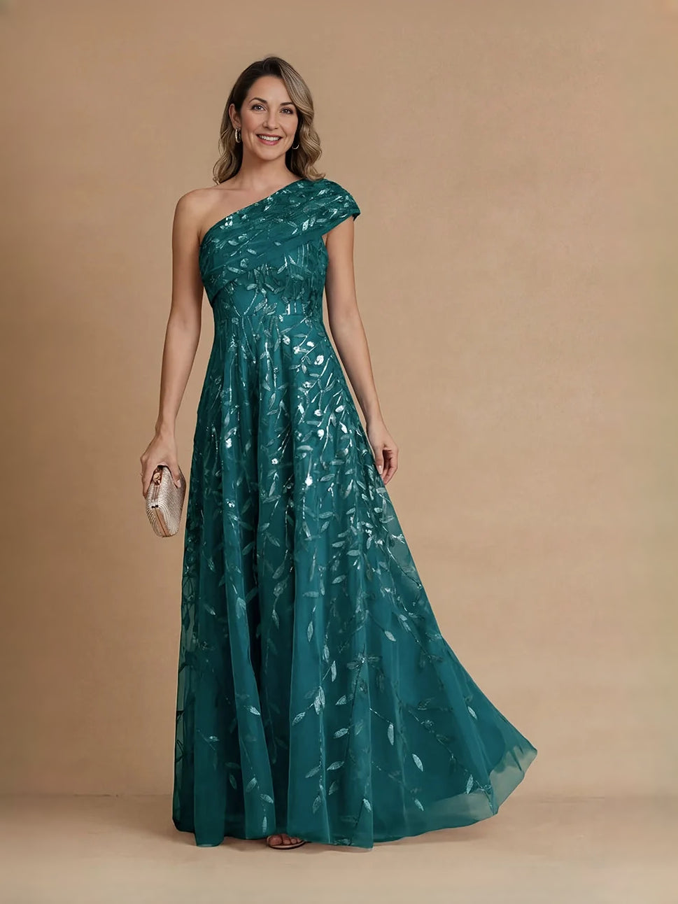 Teal embroidered one-shoulder draped A-line tulle maxi dress