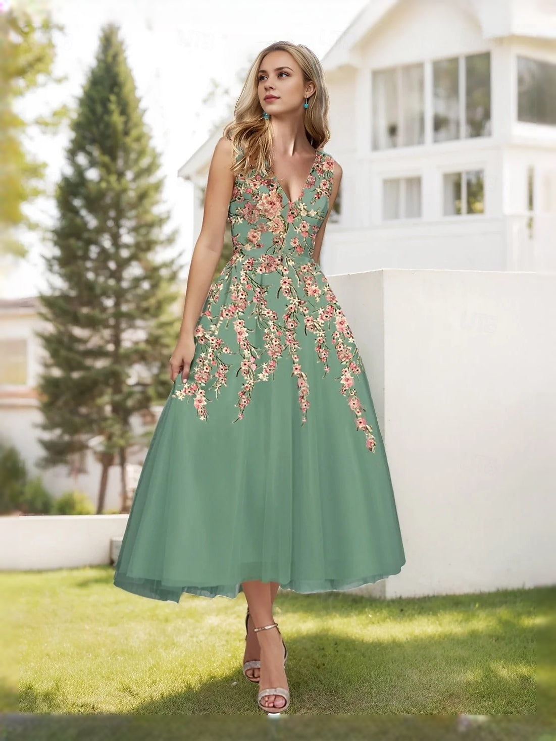 Green floral embroidered V-neck A-line midi tulle prom dress with sleeveless bodice