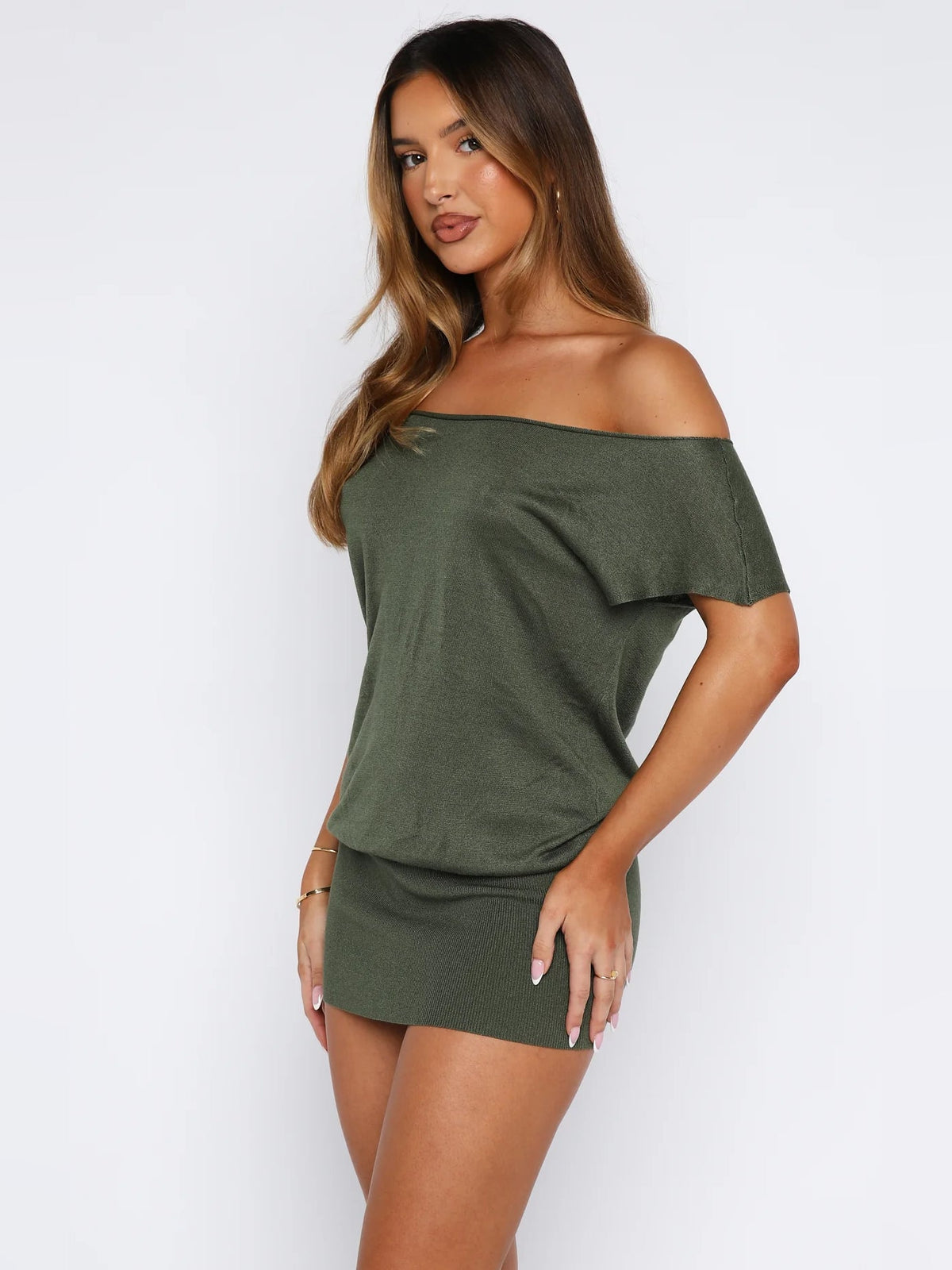 Olive asymmetrical off-shoulder mini dress with draped neckline and side gathers
