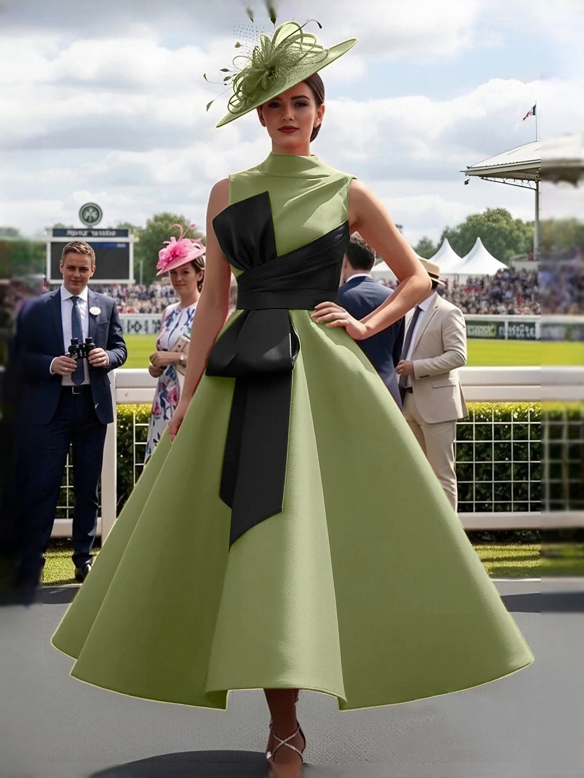 Olive green satin high-neck A-line midi prom dress with black waist sash and bow