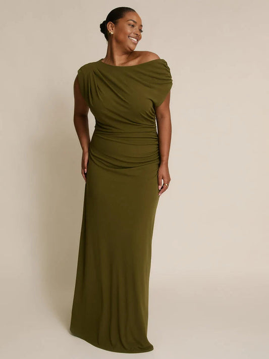 Olive green one-shoulder draped sheath maxi dress with gathered neckline