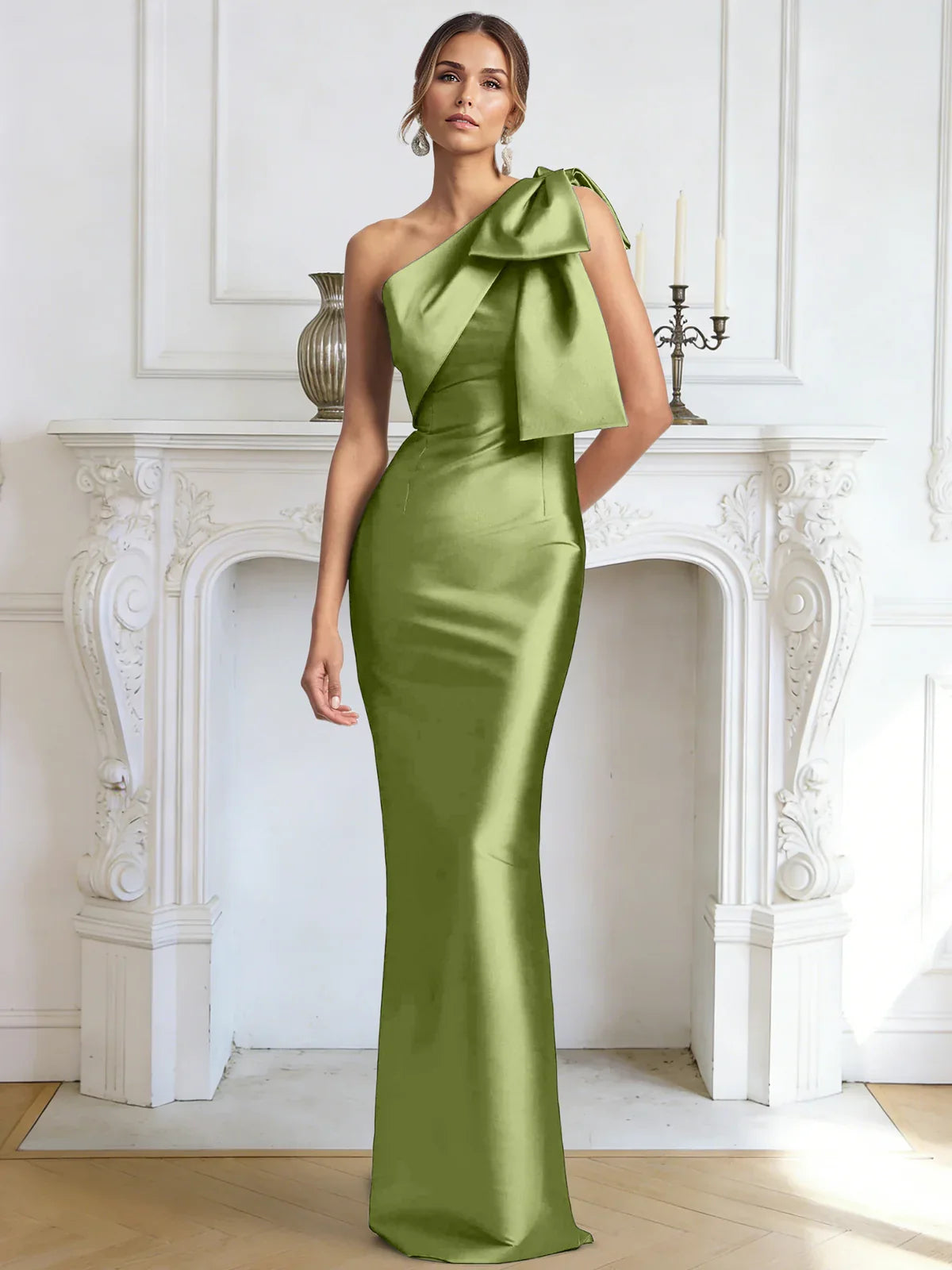 Olive green one-shoulder bow mermaid gown with high slit, full-length front view