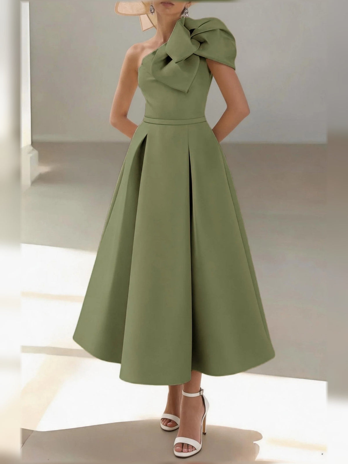 One-shoulder satin midi dress with pleated drape bodice and A-line skirt in olive green