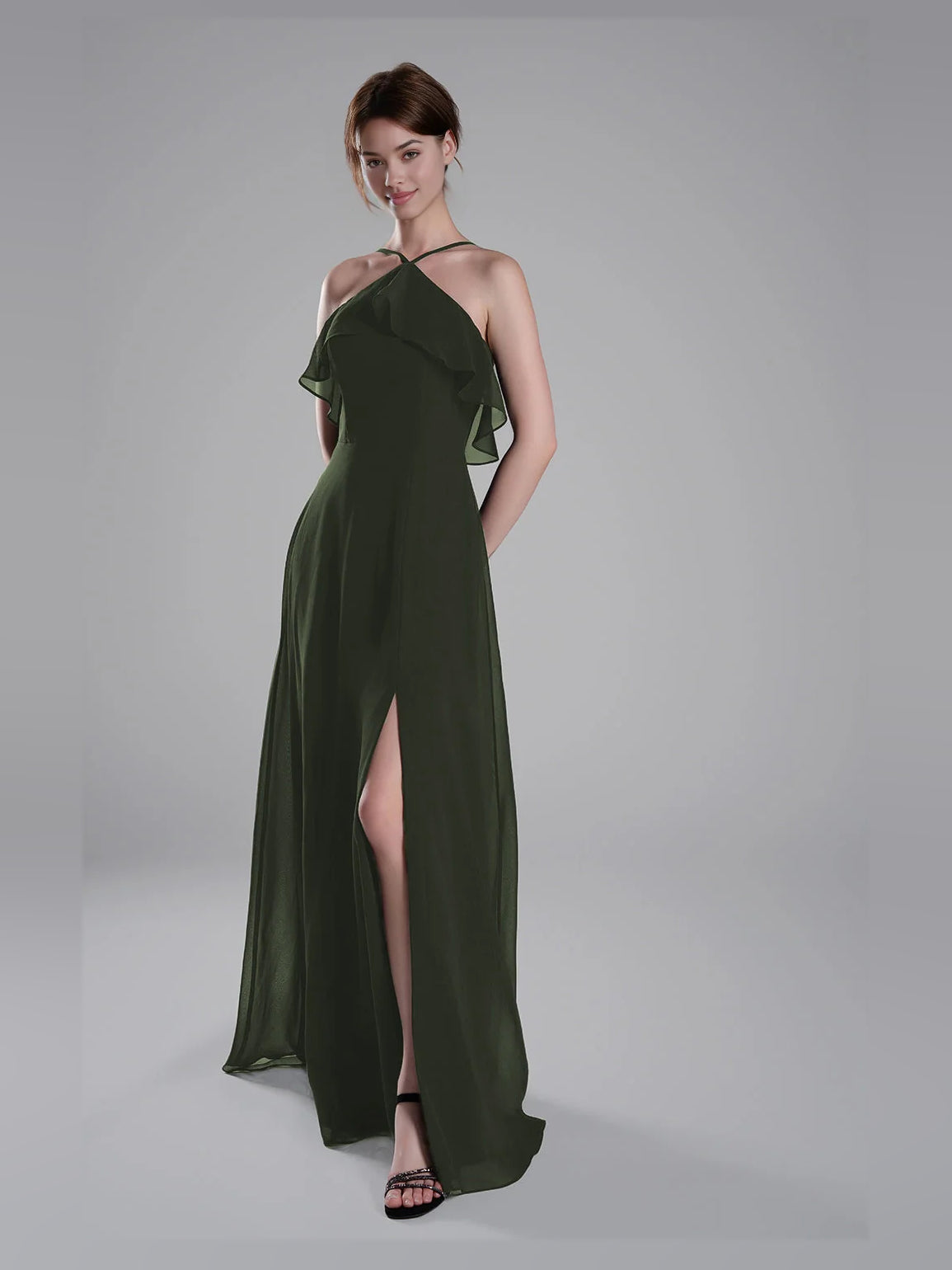 Olive green chiffon bridesmaid dress with halter neck, ruffled shoulder, and side slit hem
