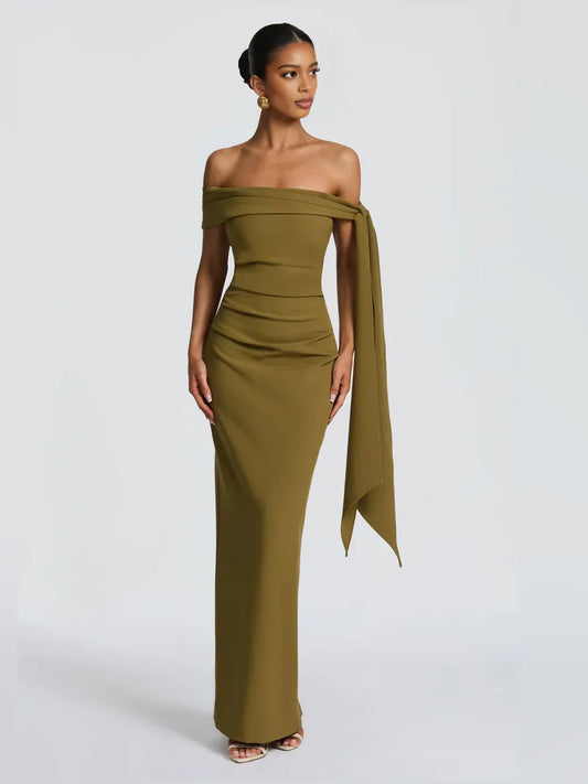 Olive green off-shoulder sheath maxi dress with draped bow sash detail