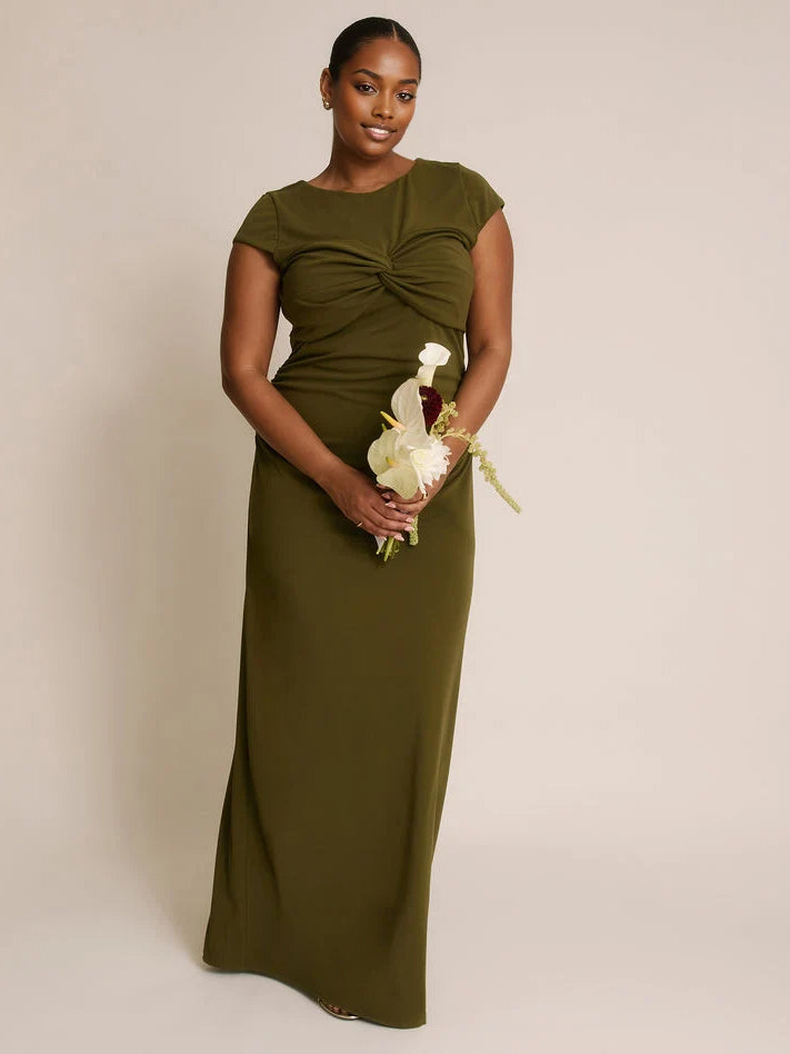 Olive green fitted midi dress with round neck, short sleeves, and waist knot detail