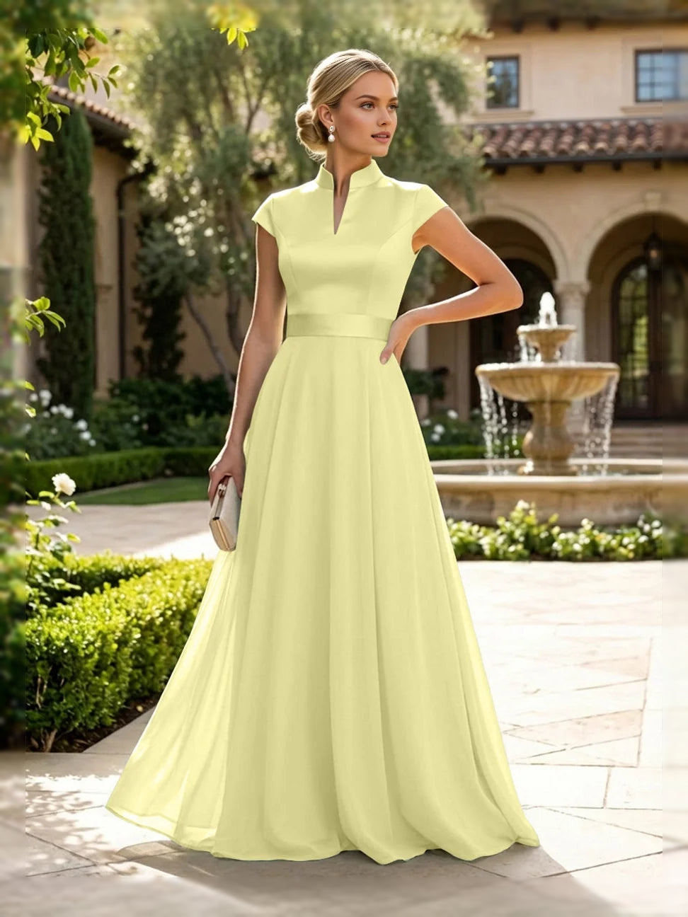 Pale lemon satin A-line dress with sleeveless high neck and floor length