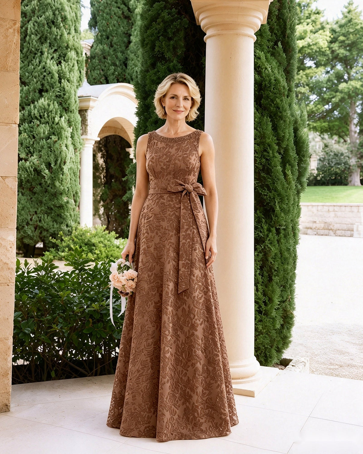 Sleeveless lace A-line mother-of-the-bride dress in chocolate brown with waist sash and bow