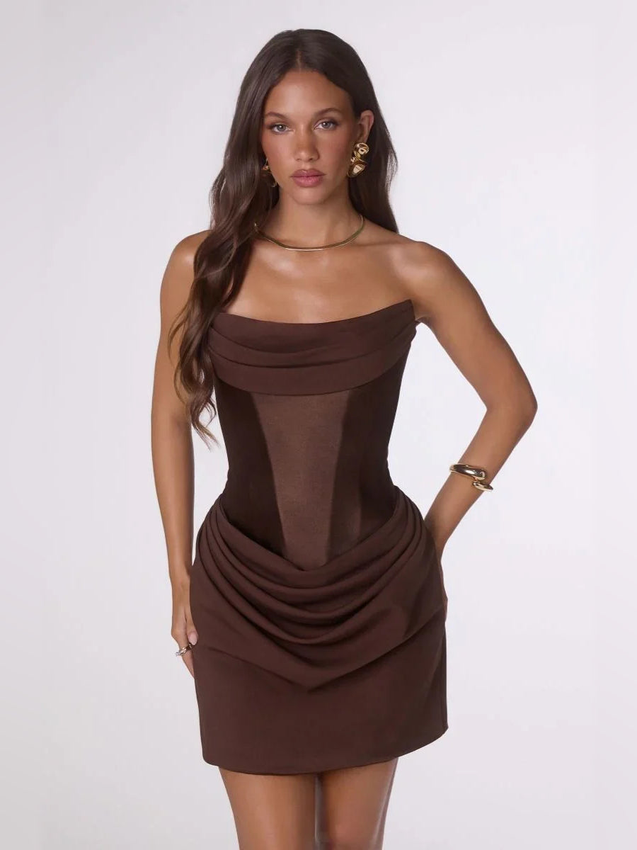 Brown strapless bodycon mini dress with layered drape and ruched detail
